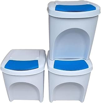 Large Stackable Recycling Bins Set of 3x25L (Brand KrysGo) - Customizable Lids with Recycling Stickers - Waste Sorting for Home, Kitchen, Office (White + Blue)