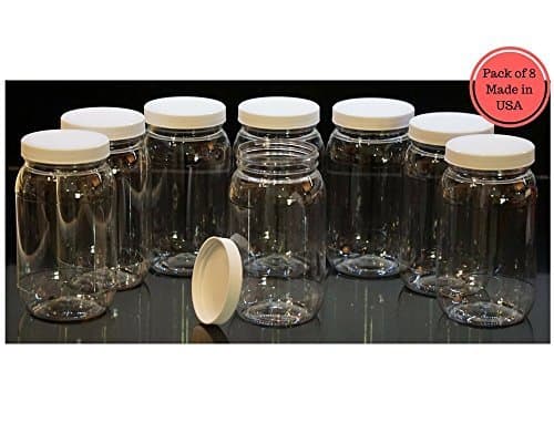 16 Oz Plastic Jars with lids, wide mouth, Bulk Pack of 8, Clear Round Jar & White Lid, High Quality-Made in USA