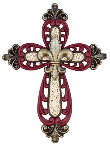 Old River Outdoors Ornate Fleur De Lis Layered Wall Cross Decorative Scrolly Details - Burgundy & Cream with Gold Finials