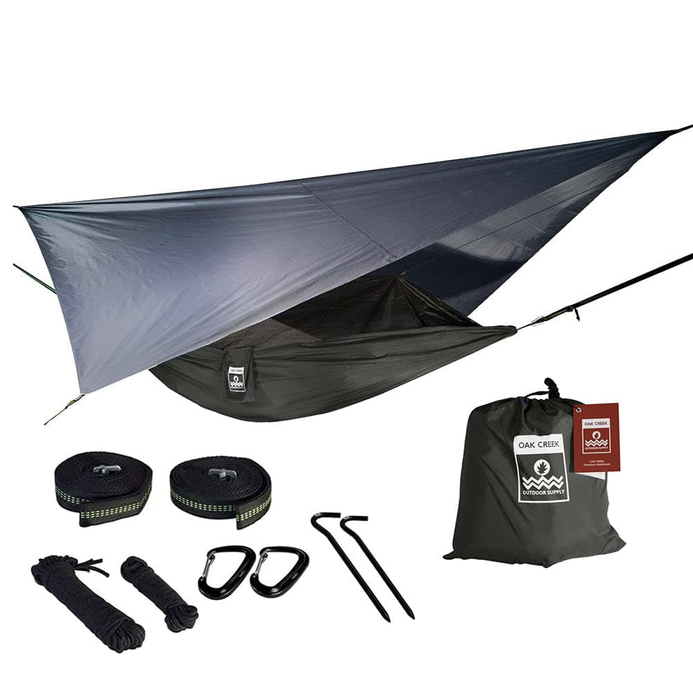 Oak Creek Camping Hammock and Accessories. Complete Package Includes Mosquito Net, Rain Fly, Tree Straps and Portable Lightweight Compression Sack. Weighs Only 4 Pounds. (Carbon Gray)