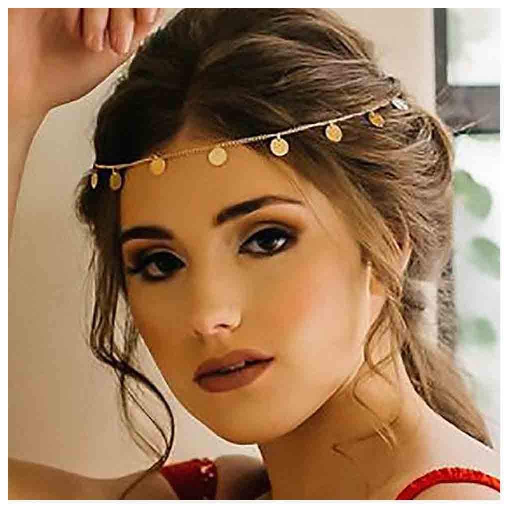 Olbye Boho Gold Head Chain Tiny Sequin Headband Coins Disc Headchain Bridal Hair Piece for Women and Girls Gold Headdress Hair Accessories
