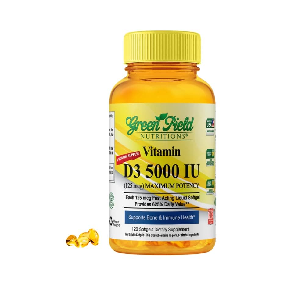 Greenfield Nutritions Halal Vitamin D - Halal Vitamin D3 5000 IU Softgel (125 mcg), High Potency 120 Unflavored Softgels - Beef Gelatin D3 Halal Vitamins, Supports Immune Bone Teath Brain and Hair