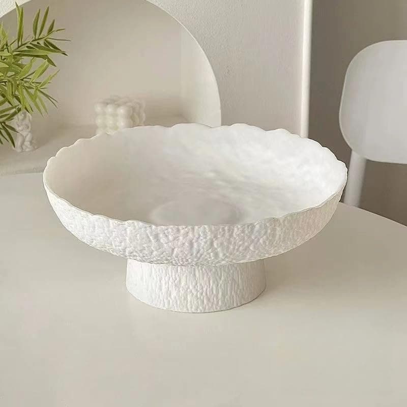 10.4" White Decorative Glass Fruit Bowl – Large Modern High-Foot Serving Bowl, Thickened High-Temp Fired with Irregular Edge for Kitchen Counter