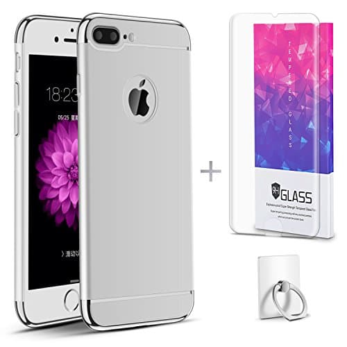 Hanglong 3 in 1 Full Protective Phone Case with Electroplate Frame for iPhone 7 Plus (with one Tempered Glass Screen Protector)-Silver