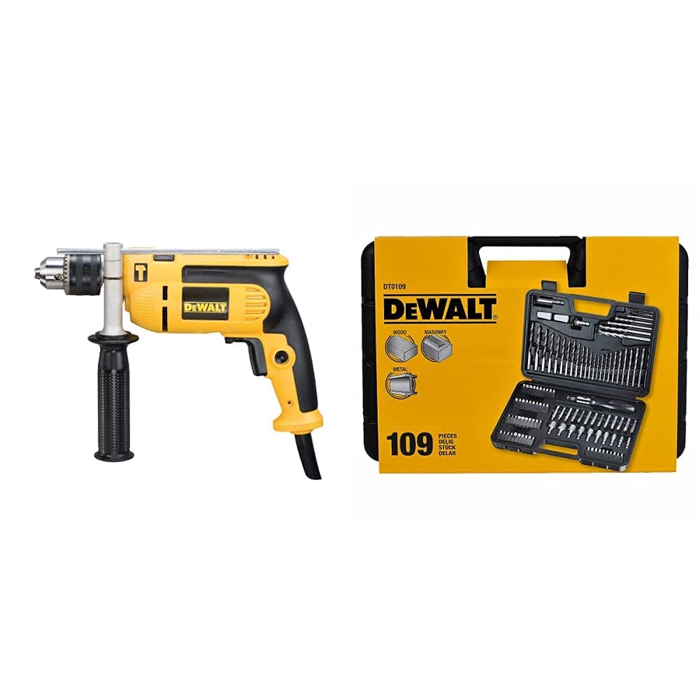 Dewalt DEWD024K DWD024KS 230 Volt Percussion Drill 13 mm with Kitbox, 701 W, Yellow/Black & DT0109 Screwdriver and Drillbit Set (109 Pieces)