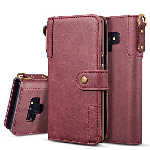 DEFBSC Galaxy Note 9 Magnetic Flip Wallet Case, Vintage Multi-functional PU Leather Folio Durable Stand Case Cover with Detachable Wrist Strap Compatible with Samsung Galaxy Note 9,Red