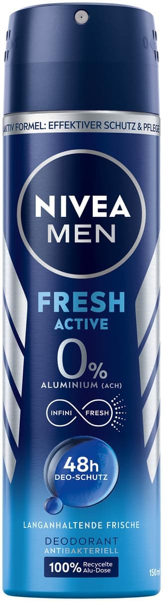 NIVEA MEN Fresh Active deodorant spray (150 ml), deodorant without aluminium (ACH) for 48h protection and long-lasting freshness, deodorant with highly effective formula and sea extracts