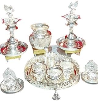 crafting with love a beautiful german silver pooja thali set combo with peacock diya set