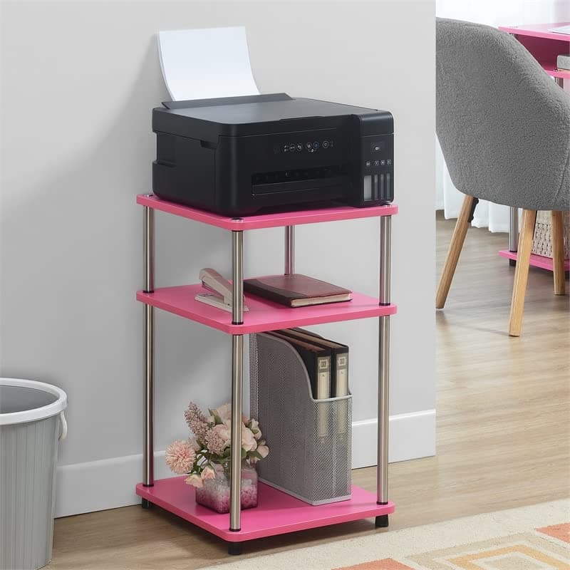 Convenience Concepts Designs2Go No Tools 3 Tier End 15.75"-Contemporary Modern Side Table with Storage Shelf for Family Room, Office, Pink/Chrome
