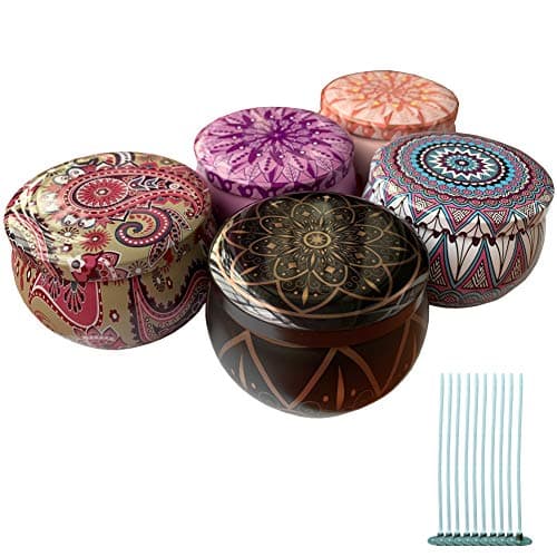 6 PCS Candle Making Kits,Empty Metal Candle Tin Jar Container（6 OZ）, Retro European Style Candy Case for DIY Candle Starters + 12 Pcs Wicks +20 Pcs Stickers+2 Centering Devices (Pattern 4)