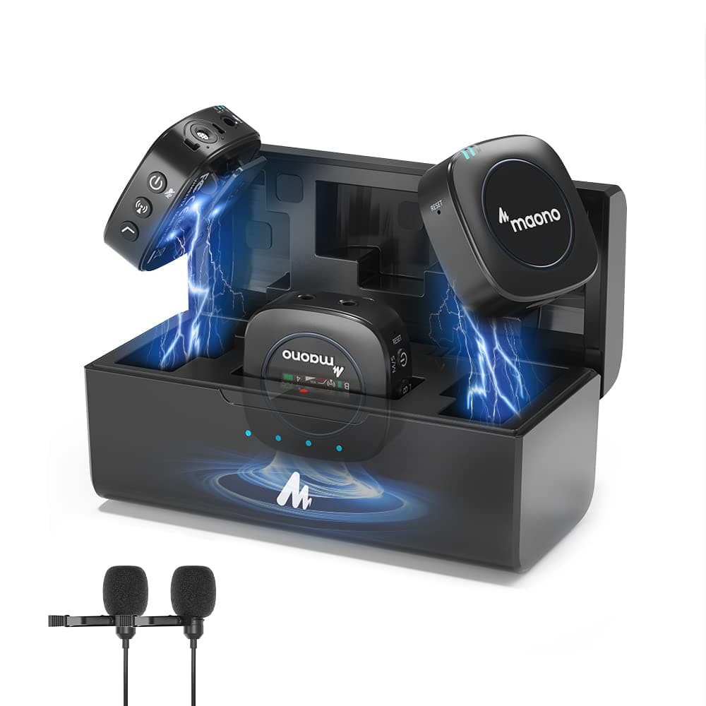 MAONOUltra-Compact Wireless Lavalier Microphone with Charging Case, 2.4GHz Dual Lapel Mics with Real-time Monitoring, Gain and Mute for Interview, Vlogging, Live Streaming, TikTok(WM821 A2)