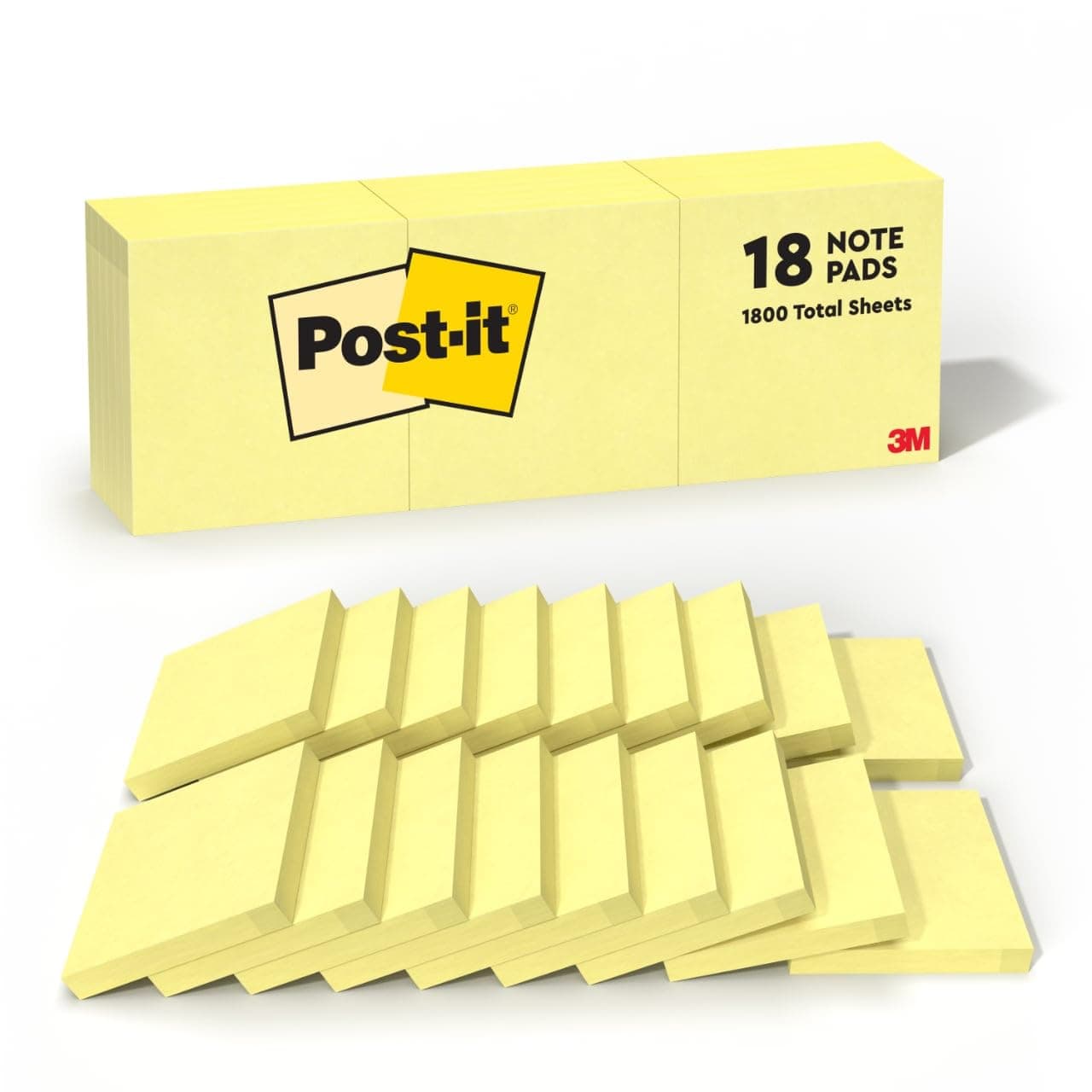 Post-it Notes, 3 in x 3 in, 18 Sticky Notes Pads, 100 Sheets per Pad, The Iconic Canary Yellow Note, School Supplies and Oﬃce Products
