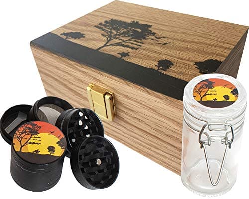StashAM Stash Box Combo with Grinder - Includes Zinc Alloy 4 Part Herb Grinder, Smell Proof Airtight Glass Stash Jar & Embossed Wood Stash Box (Black)