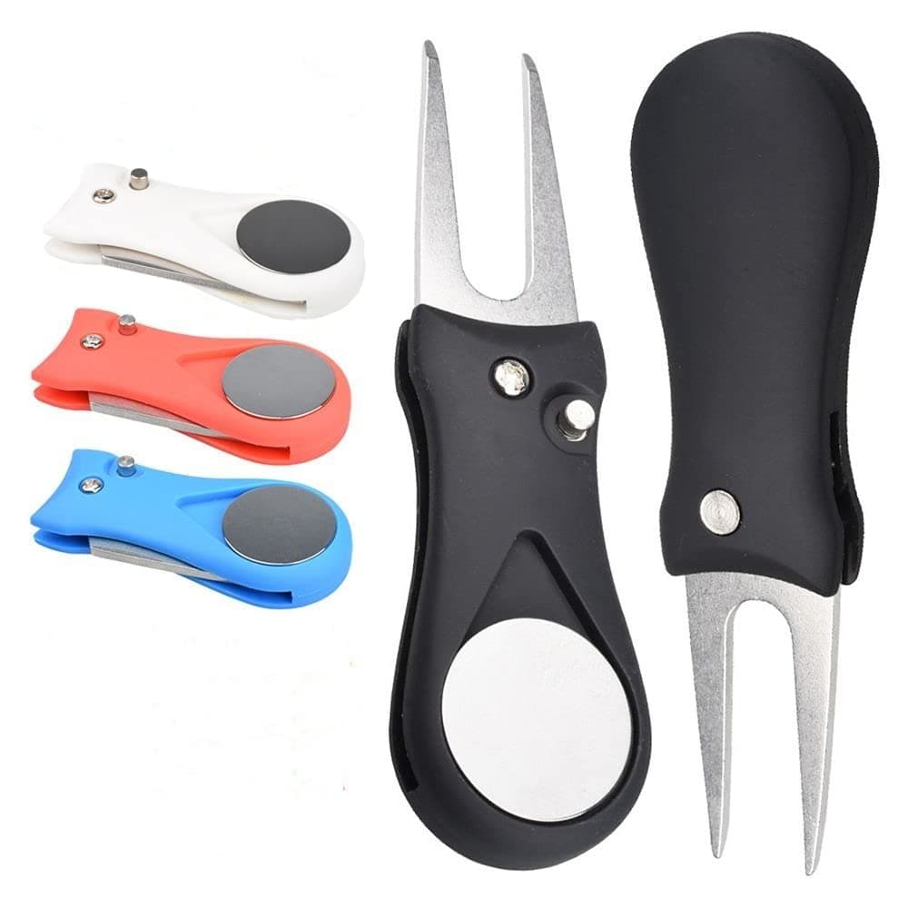 gofidin 4 Pieces Golf Divot Tool, Foldable Stainless Steel Switchblade Golf Ball Marker Golf Fork Portable Green Lawn Pitch Repair Tool Golf Accessories