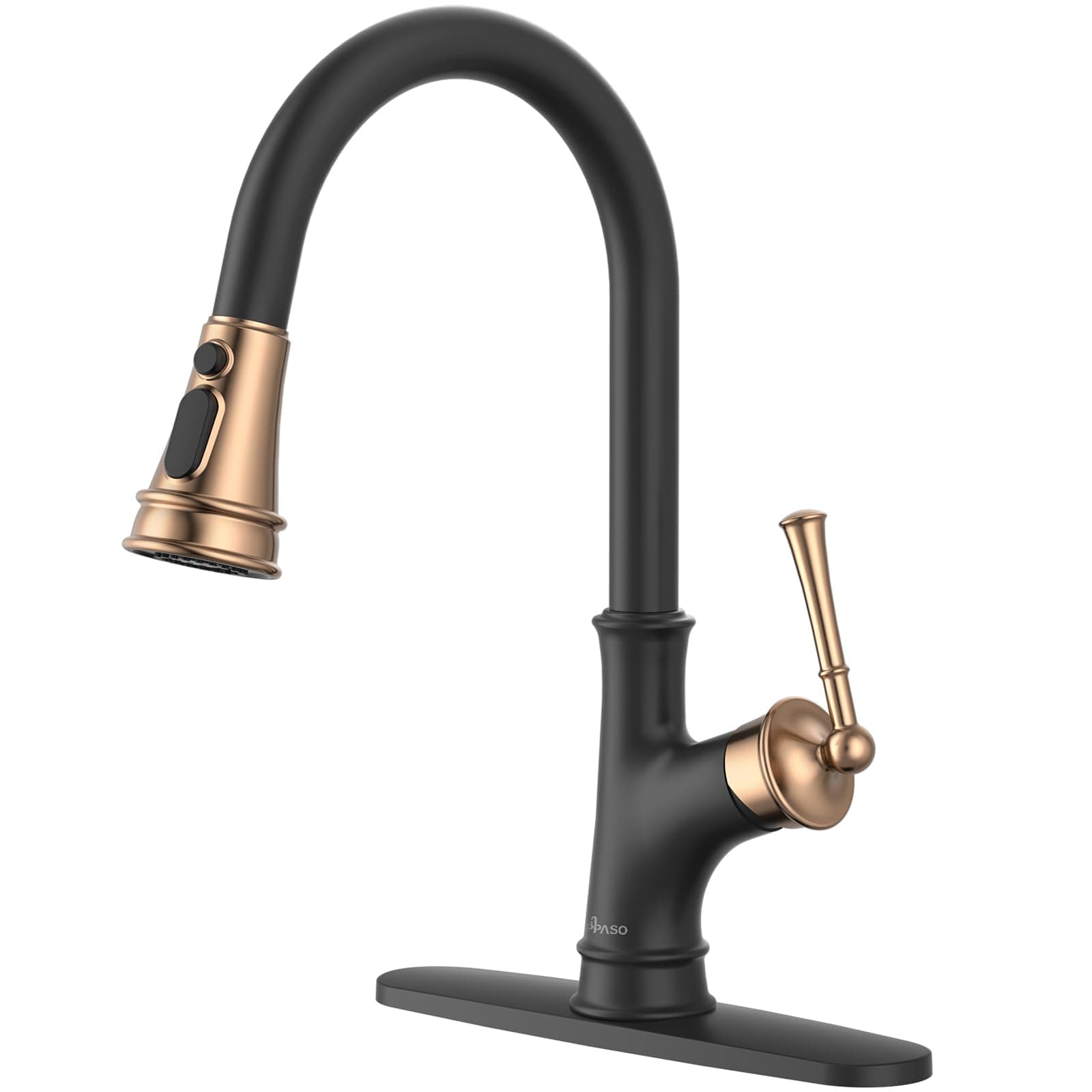 APPASO Matte Black and Rose Gold Pull Down Kitchen Faucet with Easy-Retract Sprayer - Single Handle High Arc One Hole, CUPC-Certified Pull-Out Hose, Water Supplies and Valve Core