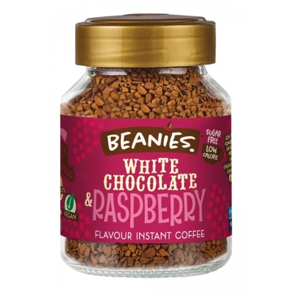 BEANIES Flavoured Instant Coffee White Chocolate & Raspberry Hot & Cold Coffee Makes 25 Cups 100% Arabica Light Roasted Coffee Sugar Free 50g. Bottle (White Chocolate & Raspberry)
