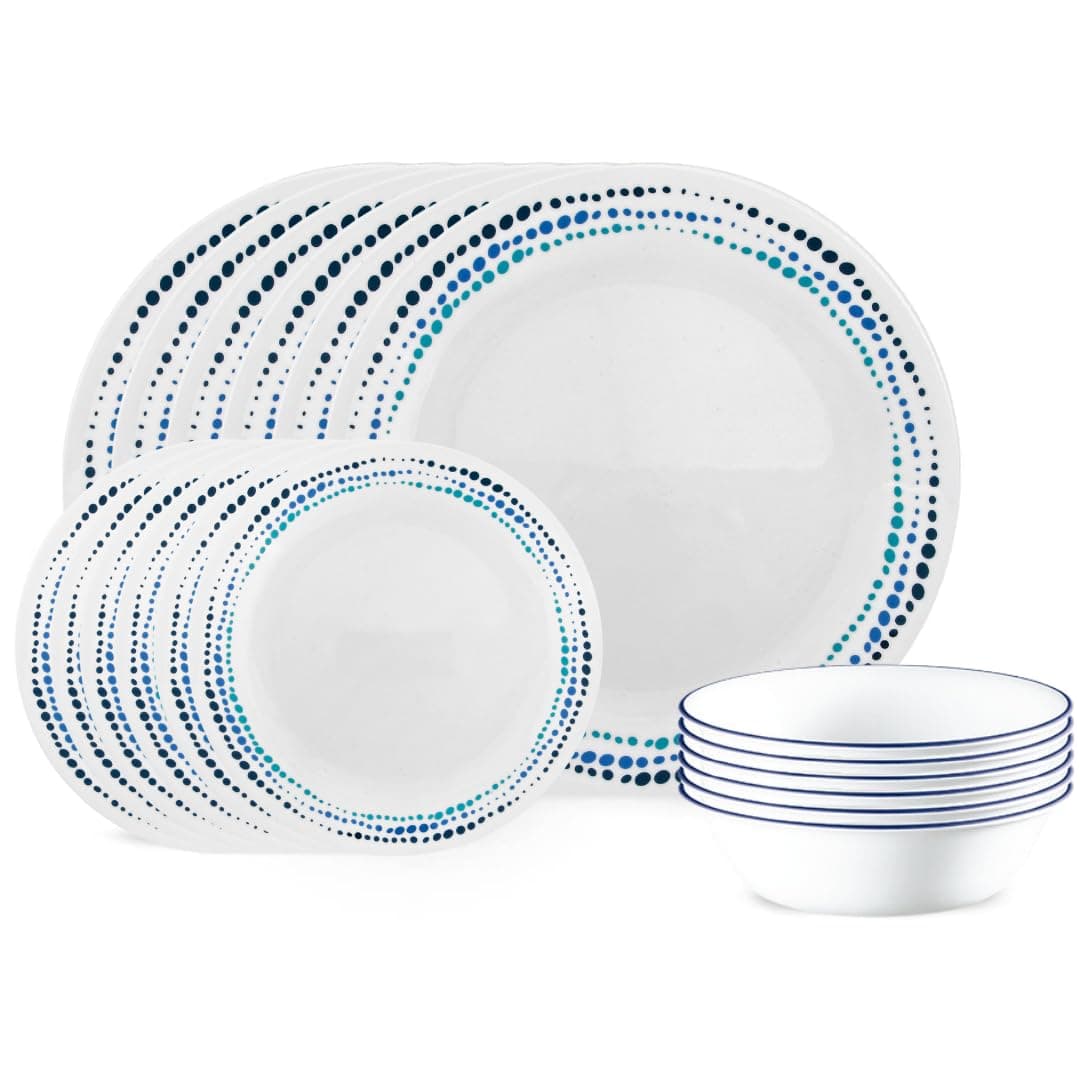 Vitrelle 18-Piece Service for 6 Dinnerware Set Triple Layer Glass and Chip Resistant, Lightweight Round Plates and Bowls Set, Ocean Blue
