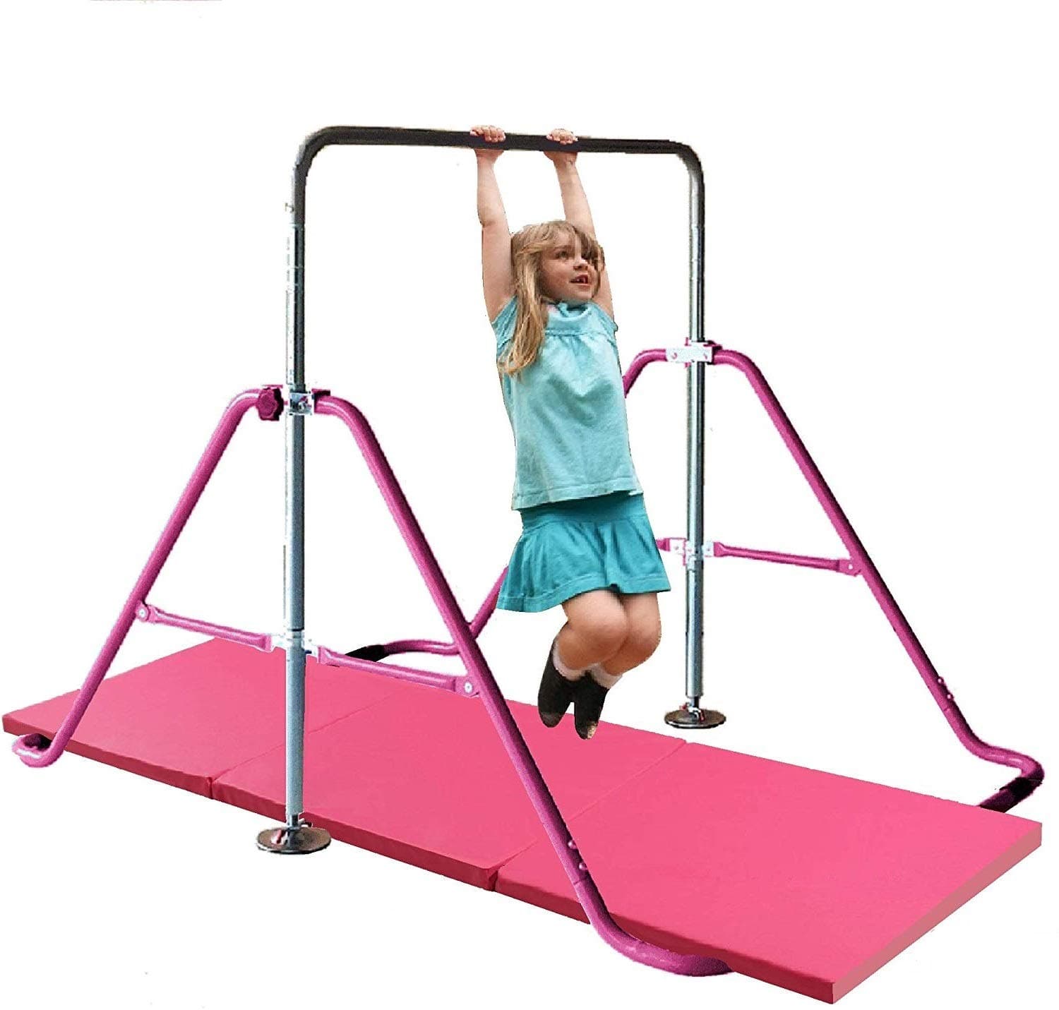 Athletic Bar Monkey Bar Horizontal Bars Children Junior Training Play Height Adjustable Folding Balance Bar Pink with 6' x 2' Gymnastic Mat