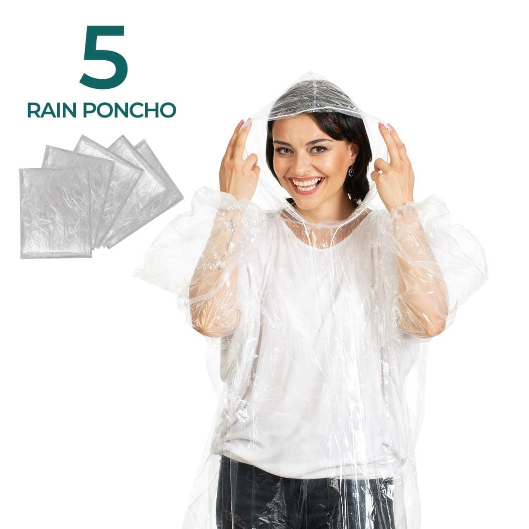 Disposable Rain Poncho Plastic Waterproof - With Drawstring Hood And Elastic Sleeve - Adults Rain Ponchos 50% Thicker 5 PACK - Water Poncho for Men Women Child or Kids