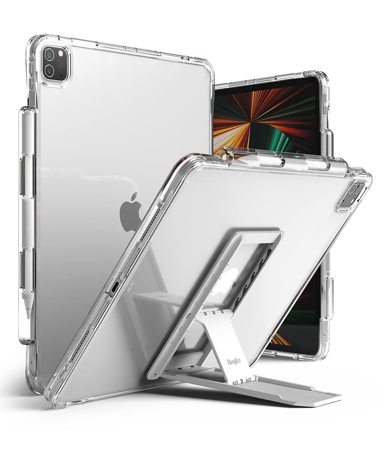 Fusion Plus with Outstanding [Combo Pack] Transparent Back iPad Pro 12.9" Case with Attached Pencil Holder with Stand Spring-Action Kickstand - Clear & Light Gray