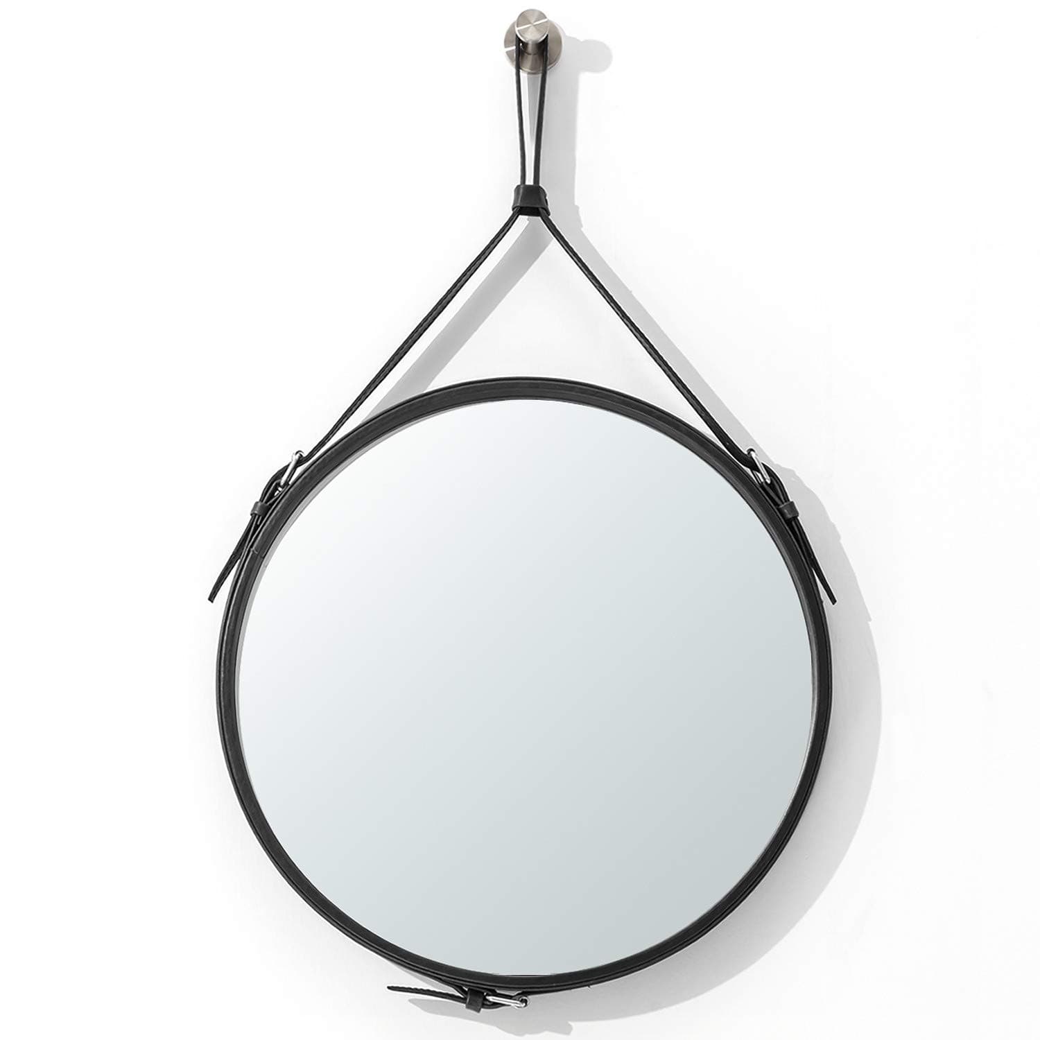 Seloom Decorative Hanging Wall Mirror 15 Inch Round Rustic Wall Mirror with Hanging Strap for Bathroom/Bedroom/Living Room Home Decor (Black)