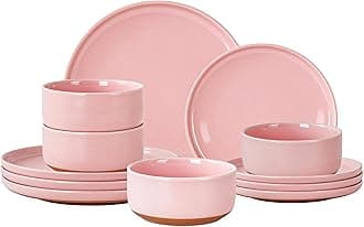 Modern Art Series - 12 Pcs Speckled Stoneware Plates and Bowls Sets, Ceramic Dinnerware Set with Rustic Terracotta Underside, Microwave and Dishwasher Safe Handcrafted Dishes Set - Blush Pink