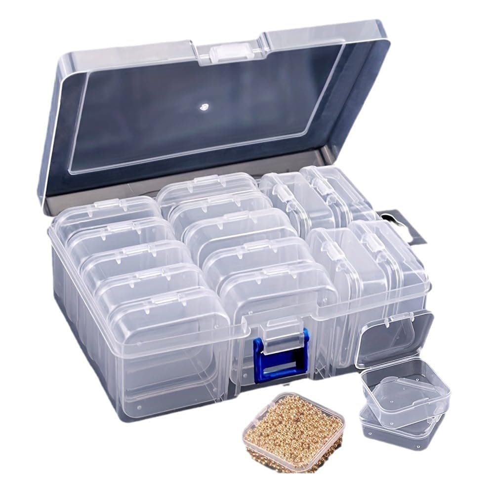 14 Pcs Small Bead Organizers, Mini Clear Plastic Storage Containers with Hinged Lids, Rectangle Portable Craft Storage Boxes for Jewelry Beads Pills Small Parts (1 Set with Outer Box)