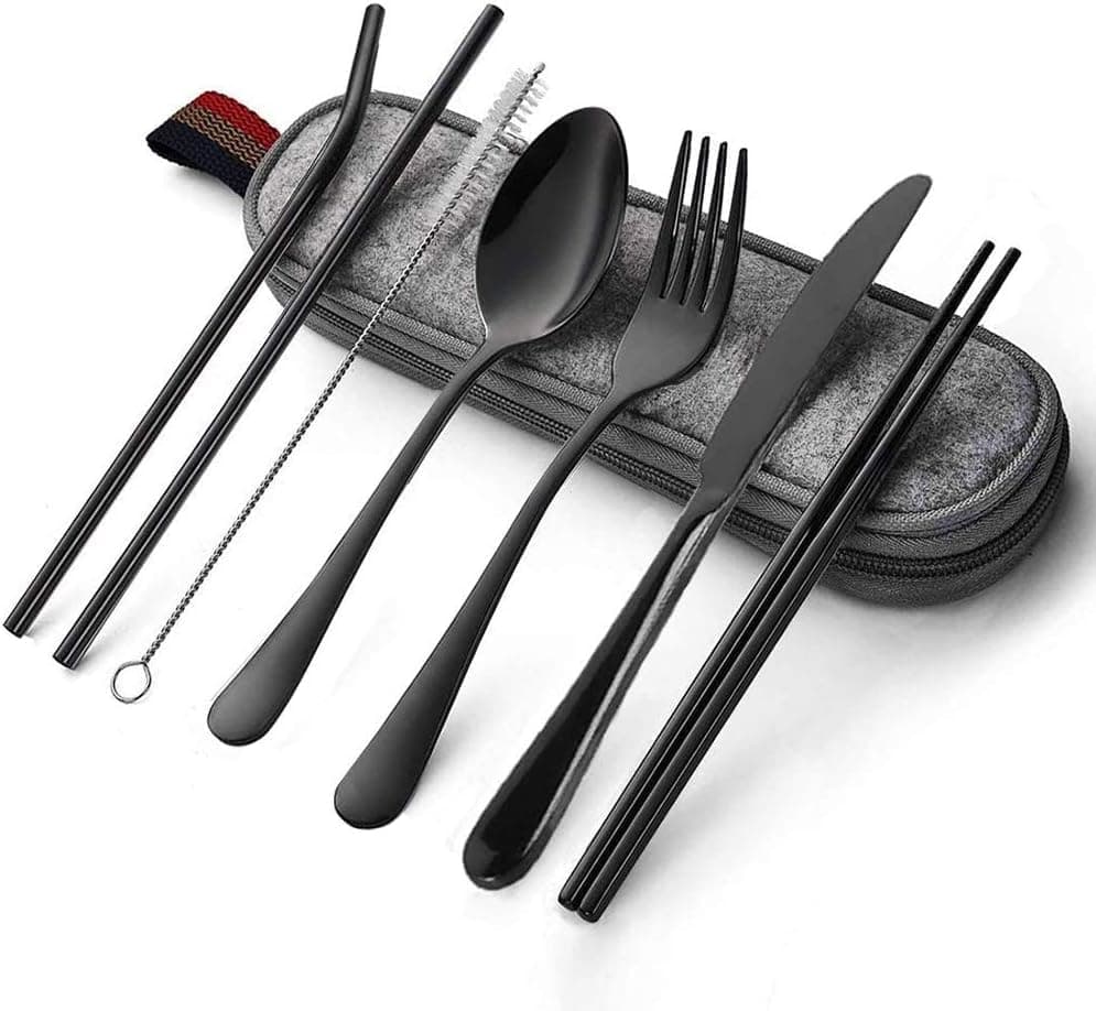 Portable Utensils Silverware Flatware set 8-Piece Cutlery set including Knife Fork Spoon Chopsticks Straws Portable bag for Travel Work Camping Picnic Stainless steel Utensil set (Black Full)