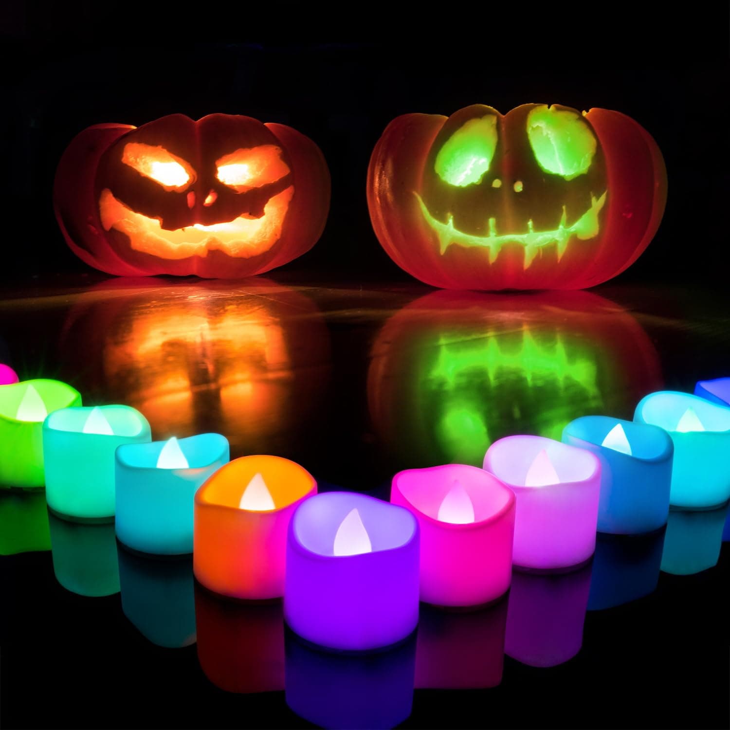 Multi Color Changing Tea Lights Battery Operated, 7-Color Changing LED Plastic Holiday Candles for Halloween, Pumpkin, Ofrenda, Christmas, Party, Dia1.5'' x H1.3'', 24-Pack [White Base]