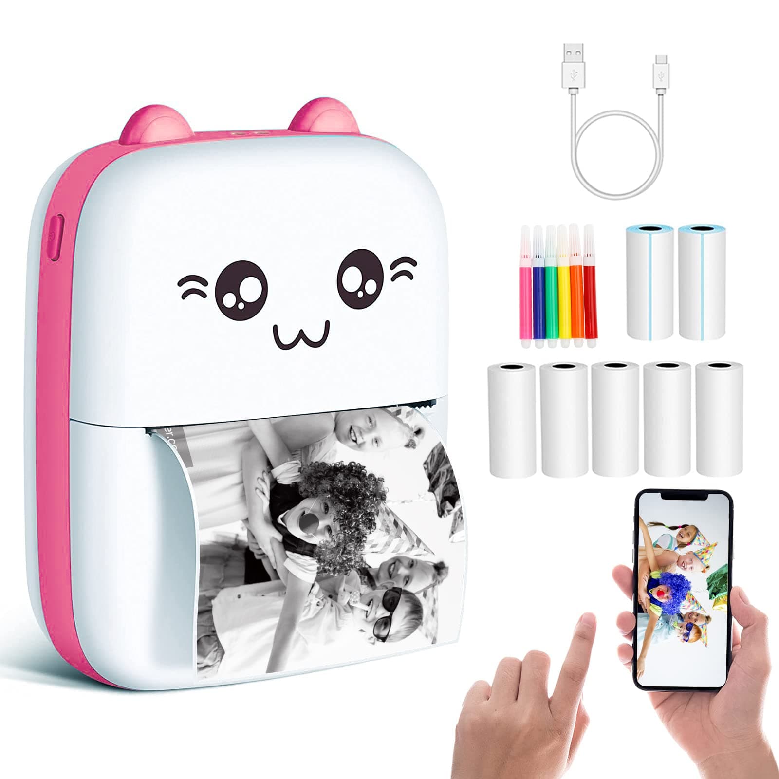 Mini Sticker Printer, Portable Thermal Printer with 7 Rolls Paper, Bluetooth Inkless Smart Printer Compatible with iOS & Android, Free Cut Small Pocket Printer for Notes, Pictures, Label, Memo (Pink)