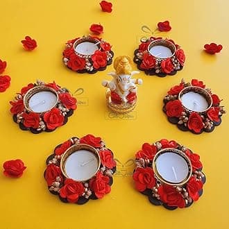 6 pc Red Diwali Decorative Handmade Tea Light Candle Designer Diyas with Ganesha Idol - Deepak, Candles, Home Decoration for puja Festival New Year Ganesha Chaturthi