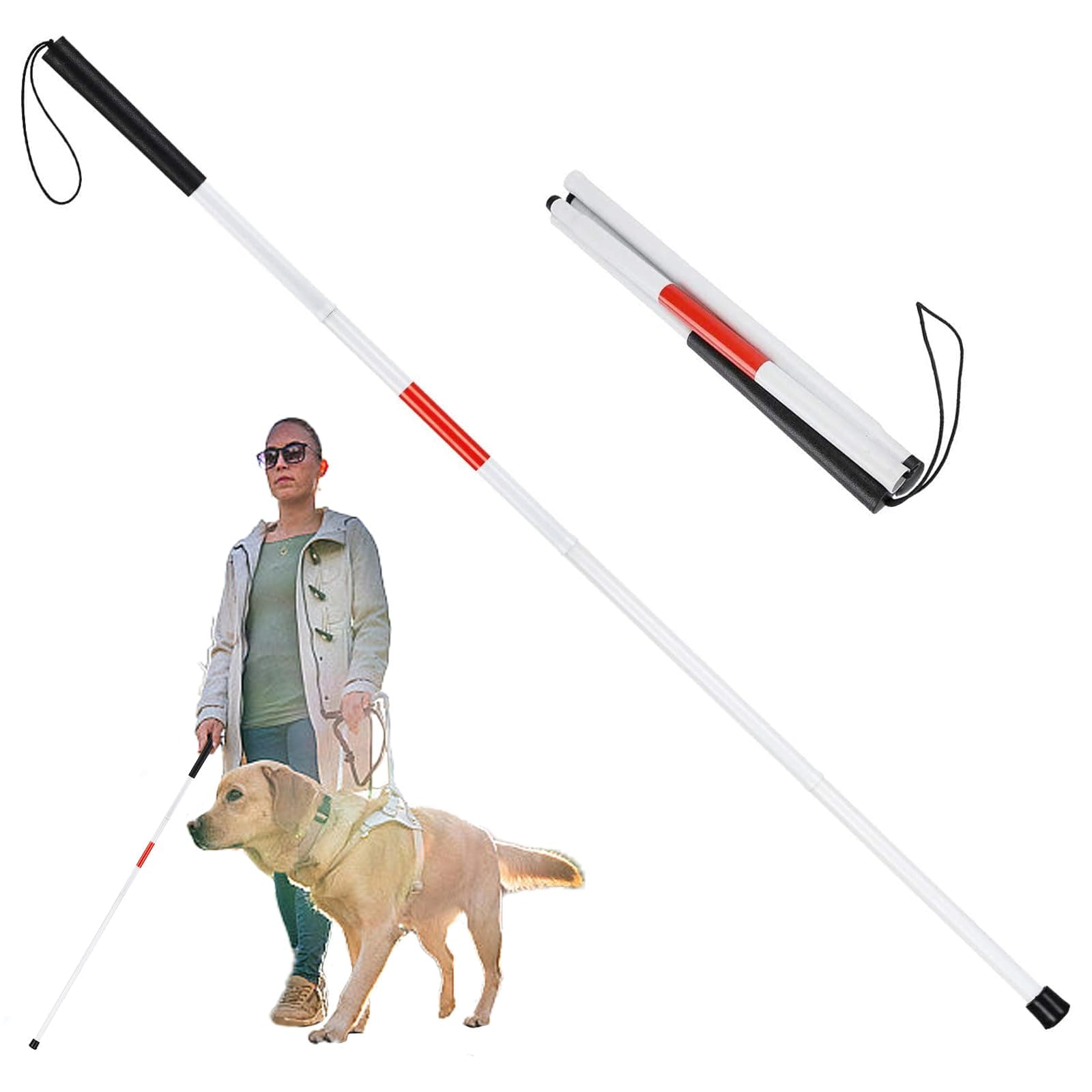 Blind Stick, 123cm/48.4in Folding Walking Stick for Blind, Red White Reflective Walking Cane, 4 Sections Collapsible Walking Stick for Vision Impaired And Blind