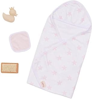 LullaBaby – 14" Baby Doll Accessories – Hooded Bath Towel In Pink Star Pattern – Bath Toys & Pink Ducky – Imaginative Play – Toys For Kids Ages 2 & Up – Baby Doll Bathtime Outfit