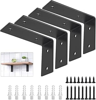 YUMORE Shelf Brackets L Shaped 45mm Wide Heavy Duty Shelving Bracket Wall Angle Braces Stainless Steel Floating Shelf Support Industrial Brackets Matte Black, with Screw and Anchors, 4 Pcs(5" x 3")