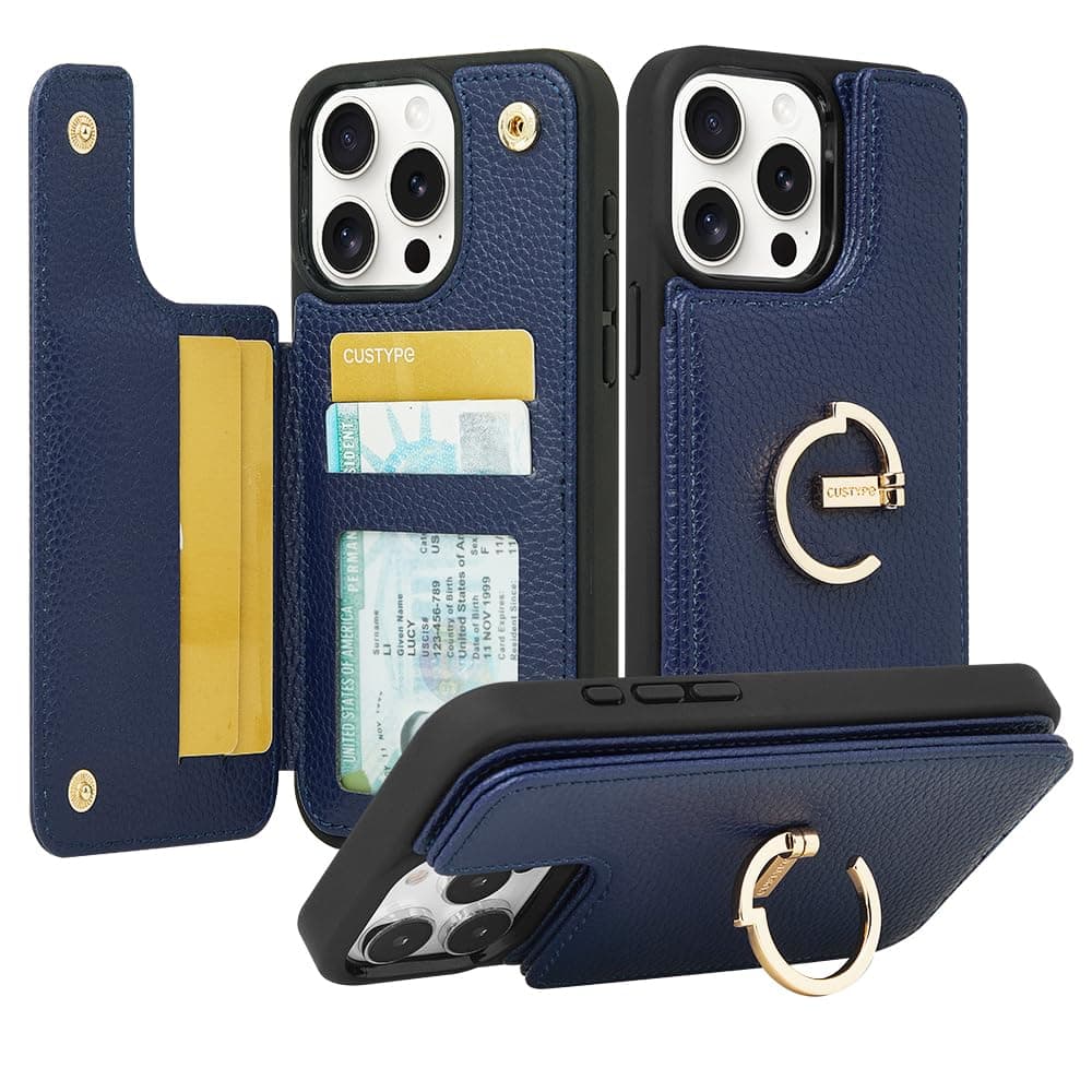 CUSTYPE for iPhone 15 Pro Wallet Case with Card Holder,Ring Holder Kickstand Card Slots Case,Leather Case with Wallet for Women and Men for iPhone 15 Pro 6.1"-Blue