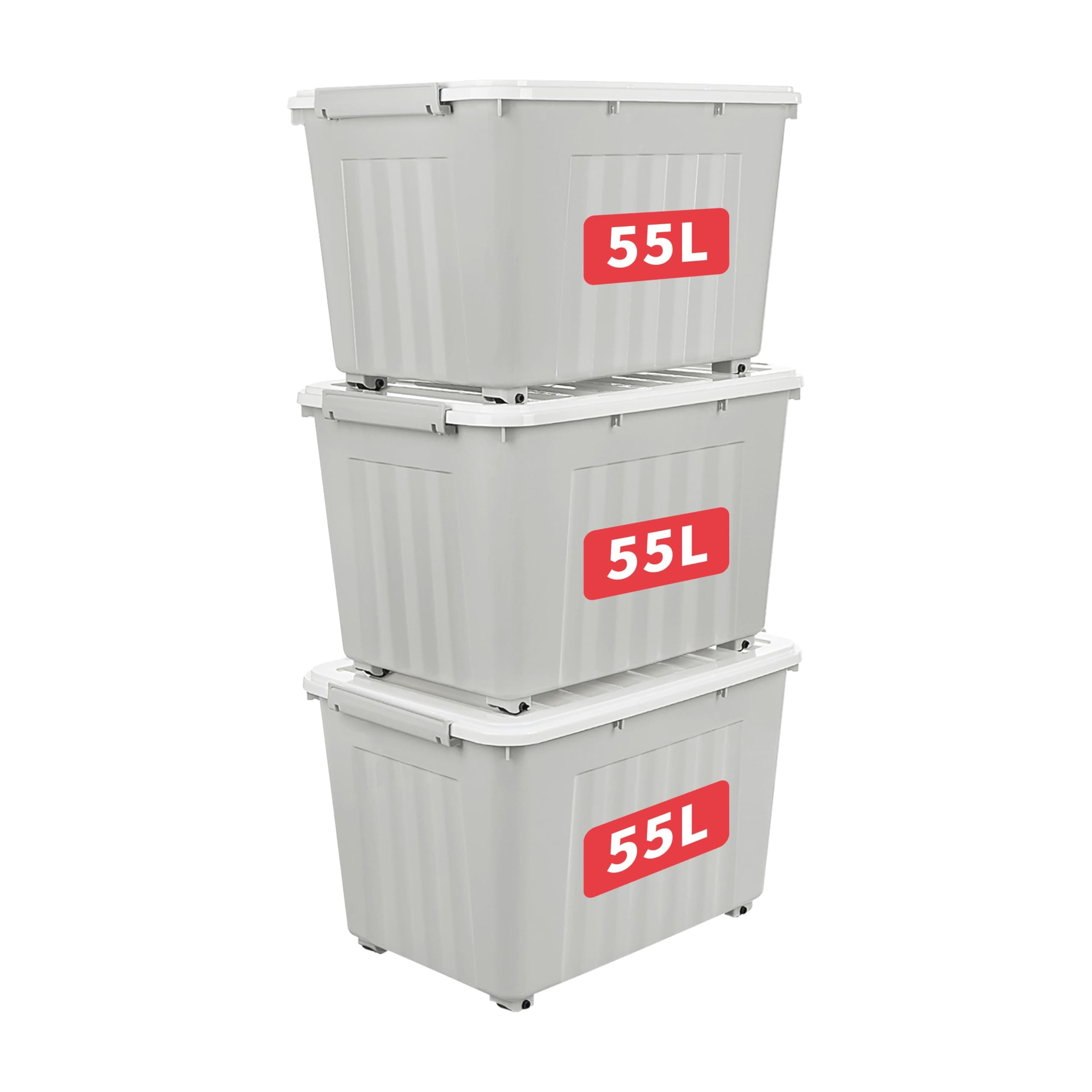 Cetomo 55L*3 Storage Boxes with Lids, Plastic Storage Box with Wheels and Secure Side Latches, Stackable & Nestable Organizer for Home, Office, Moving, PP, Gray, 55L-3 Pack
