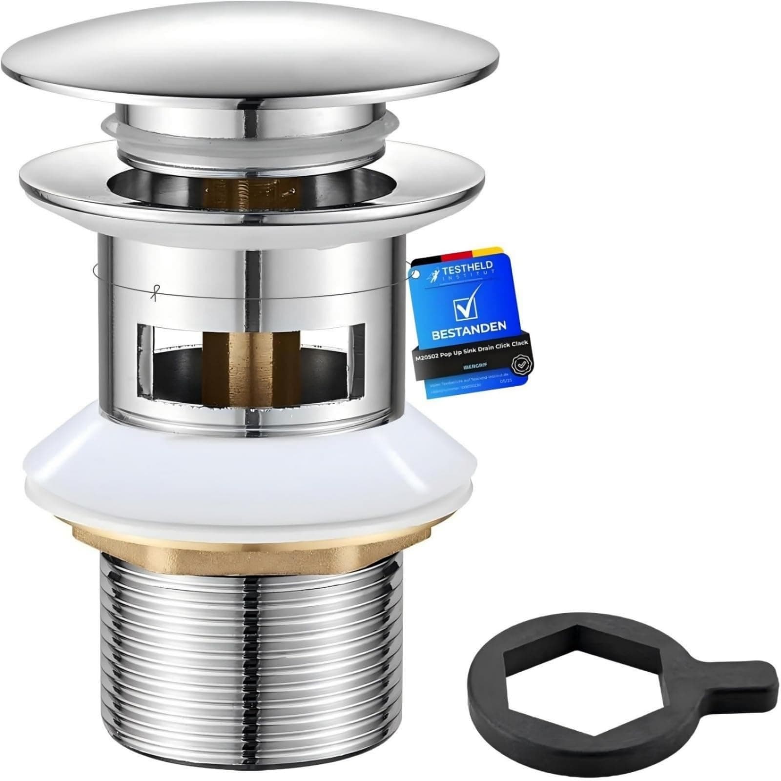 Basin Waste 1¼″ with Overflow – Click-Clack Pop-Up Sink Plug, Universal G1¼″ Chrome Brass Bathroom Drain Stopper, Model M20502