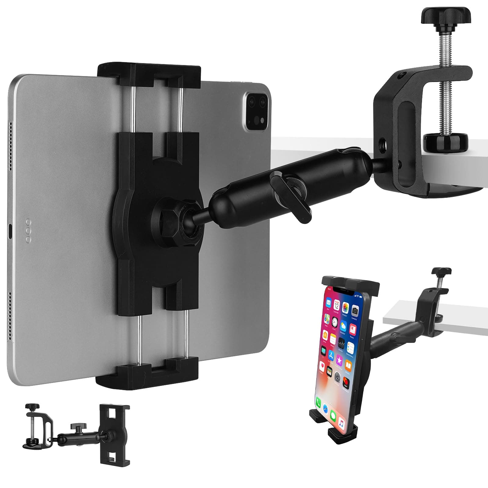 Under Cabinet Tablet Mount, Kitchen Tablet Holder iPad Mount for Desk/Table/Board/Chair,Compatible with 4.7~12.9" iPad/Nexus/LG G Pads/e-Reader/Switch/iPhone,360° Adjustable Aluminum Alloy Arm Stand