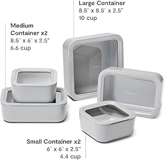 Caraway Glass Food Storage Set, 14 Pieces - Ceramic Coated Food Containers - Easy to Store, Non Toxic Lunch Box Containers with Glass Lids - Includes Storage Organizer & Dot & Dash Inserts - Gray