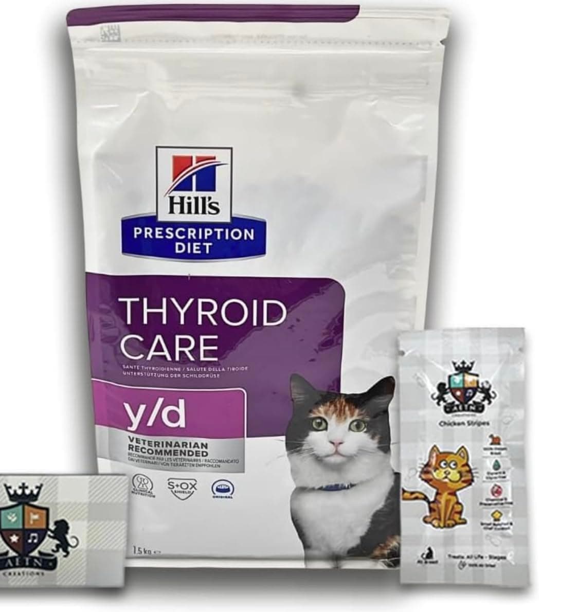 AETN Creations Y/D Thyroid Care Bundle 1.5 kg Dry Food for Cats Plus Cat Treats with Chicken, Diet Dry Food for Cats with Thyroid Problems