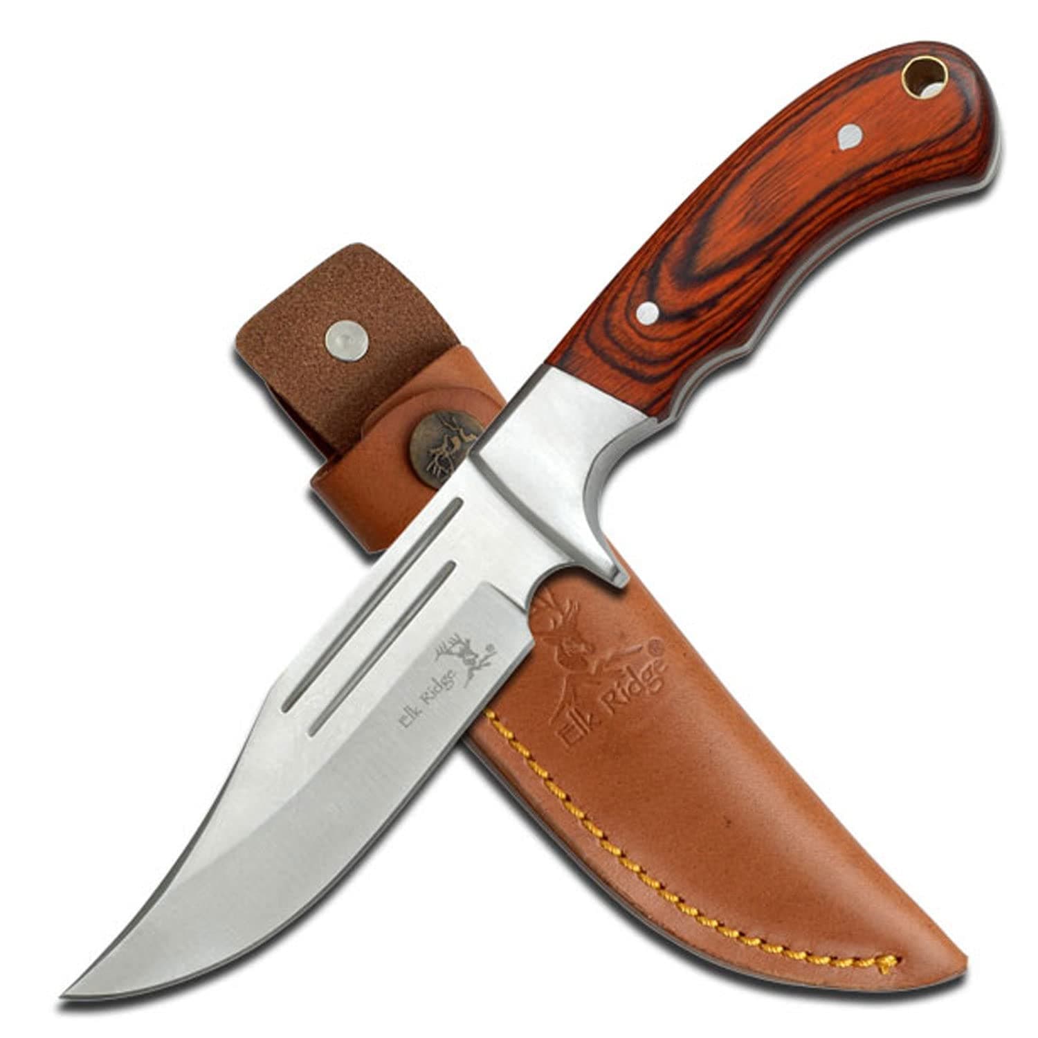 Outdoors Fixed Blade Knife - 9.5-in Overall, Mirror Finished Stainless Steel Blade, Full Tang, Wood Handle, Leather Sheath - Hunting, Camping, Survival - ER-052