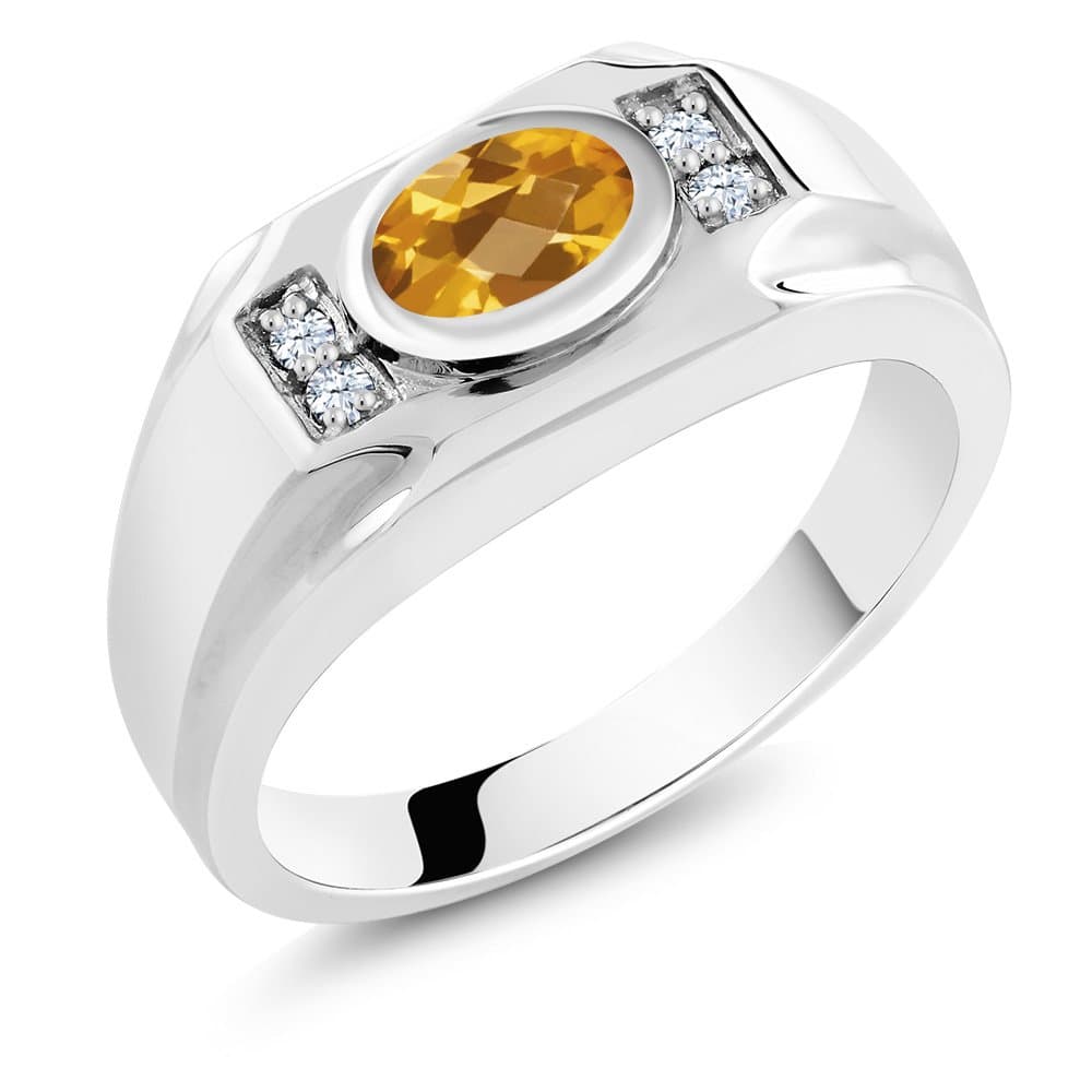 Gem Stone King 1.41 Cttw Yellow Citrine White Created Sapphire Ring for Men | 925 Sterling Silver | Gemstone November Birthstone | Oval Checkerboard 8X6MM | Size 10