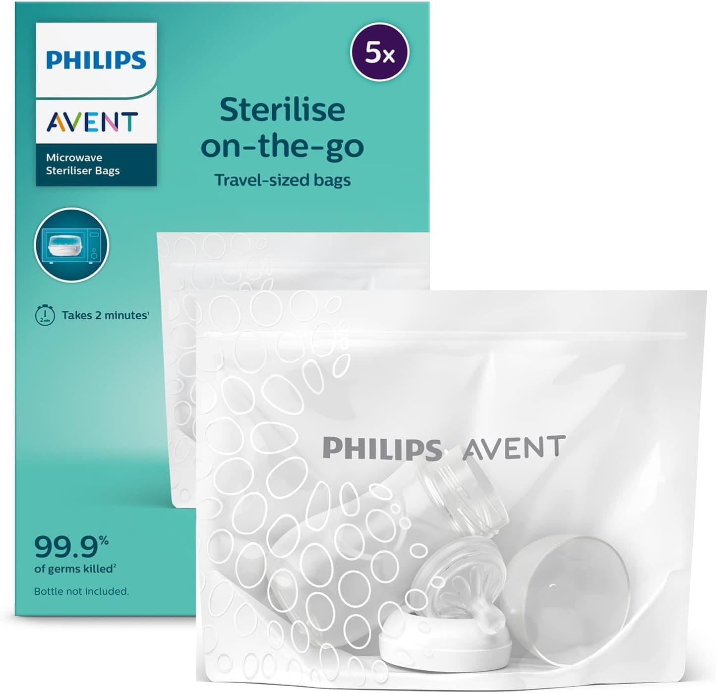 Philips Avent Microwave Sterilizing Bag | Kills 99.9% Germs | Sterilizes Bottles, Breast Pump and Baby Products in 90 Sec | 100 Sterilization Cycle in One Pack | Pack of 5 Bags (White) | Scf297/05