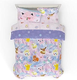 Pokémon Eevee, Pikachu, Jigglypuff Girl Bedding Soft Cozy Reversible Microfiber Comforter and Sheet Set with Sham, 7 Piece Full Size, (Official Licensed Product) by Franco Kids