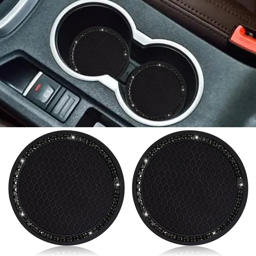 Car Cup Holder Coaster,2 Pack Universal Vehicle Bling Cup Holder Insert Coaster(2.75" Diameter),Crystal Rhinestone Car Interior Accessories（Black with Black Diamond）