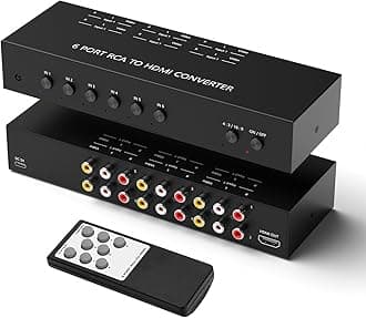 6Port AV to HDMI Converter RCA/Composite/CVBS to HDMI Adapter Support 16:9/4:3 Switch for Wii/N64/PS1/PS2/PS3/VHS/VCR/DVD Players etc (6Port RCA in to 1 HDMI Converter with IR Remote) (RP102)