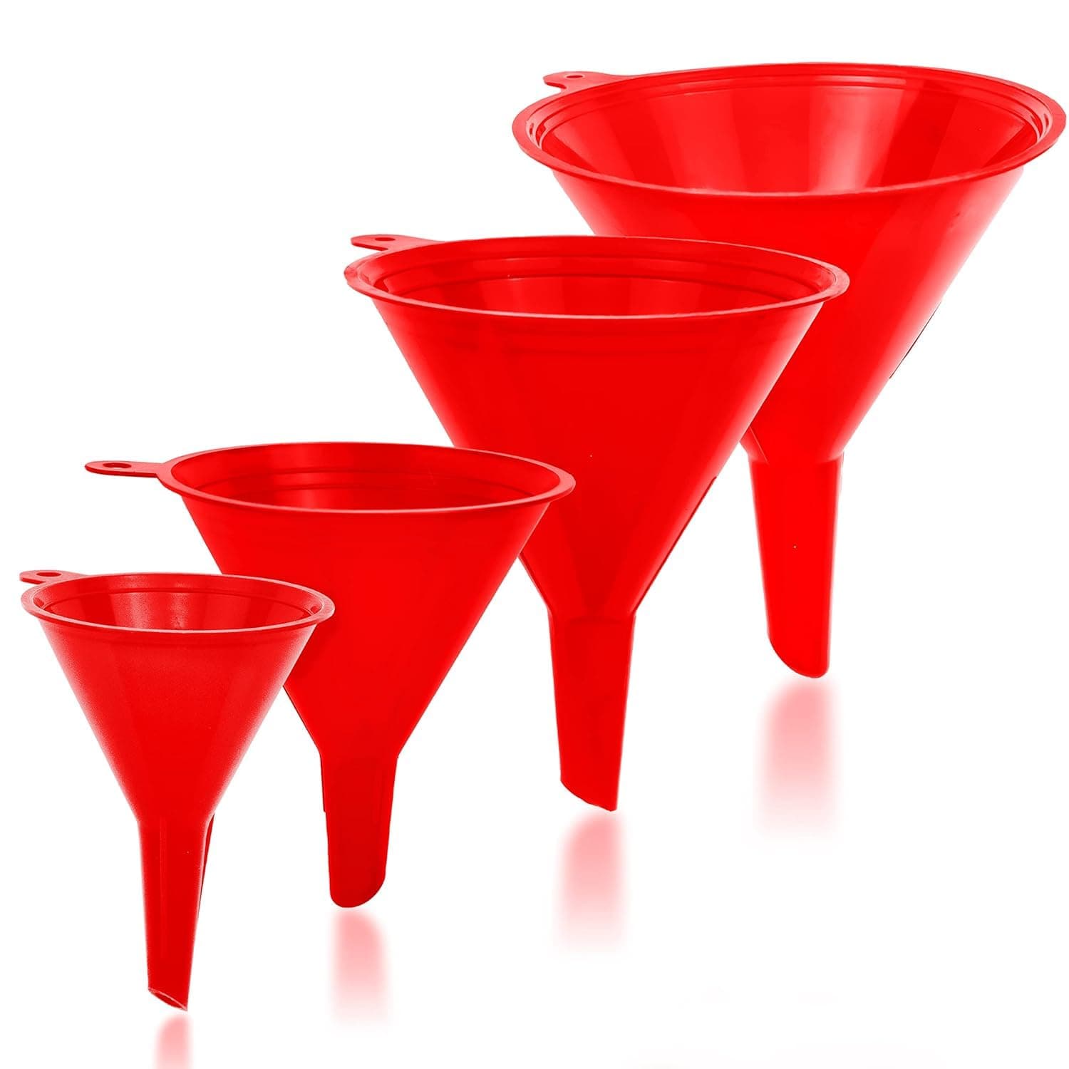 Funnel Red in 4 Different Sizes (122, 101, 76 & 50mm) Durable & Non-Toxic Food Grade Plastic -Funnels for Filling Bottles or Containers with Ring Holders – Ideal for Kitchen, Garage & Labs