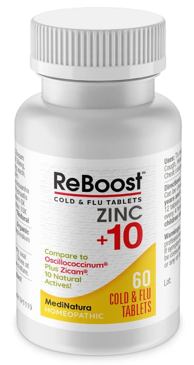 ReBoost Cold & Flu Tablets Zinc +10 – Multi-Symptom Relief for Body Aches, Headache, Cough, Runny Nose, Mucus, Chest & Sinus Congestion – Non-Drowsy – Lemon Flavor – 60 Count