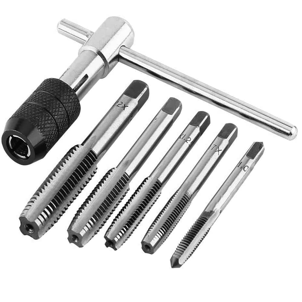 6 Pcs Tap Wrench Tool Set, Adjustable T-Handle Ratchet Tap Holder Wrench Machine Screw Thread Metric Plug T-Taps with M3 M4 M5 M6 M8 Taps for Metal/Aluminum/Plastic/Wood