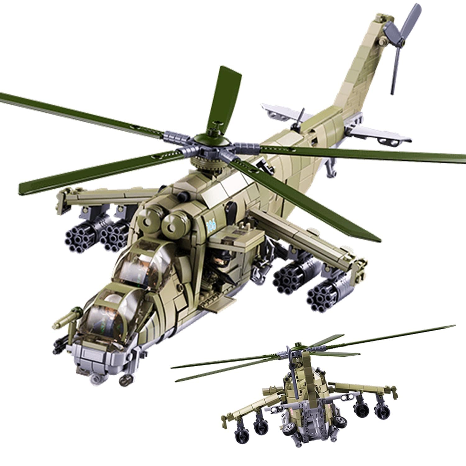 MI-24 Attack Helicopter Building Set - 893 PCS 1:30 Scale Military Gunship Model, Battle Brick WW2 Army Toy Set with 3 Toy Soldiers